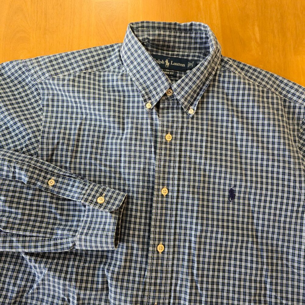 Ralph Lauren Men's Classic Fit Button Up Shirt Navy Green Check Pony Sz 16 34/35